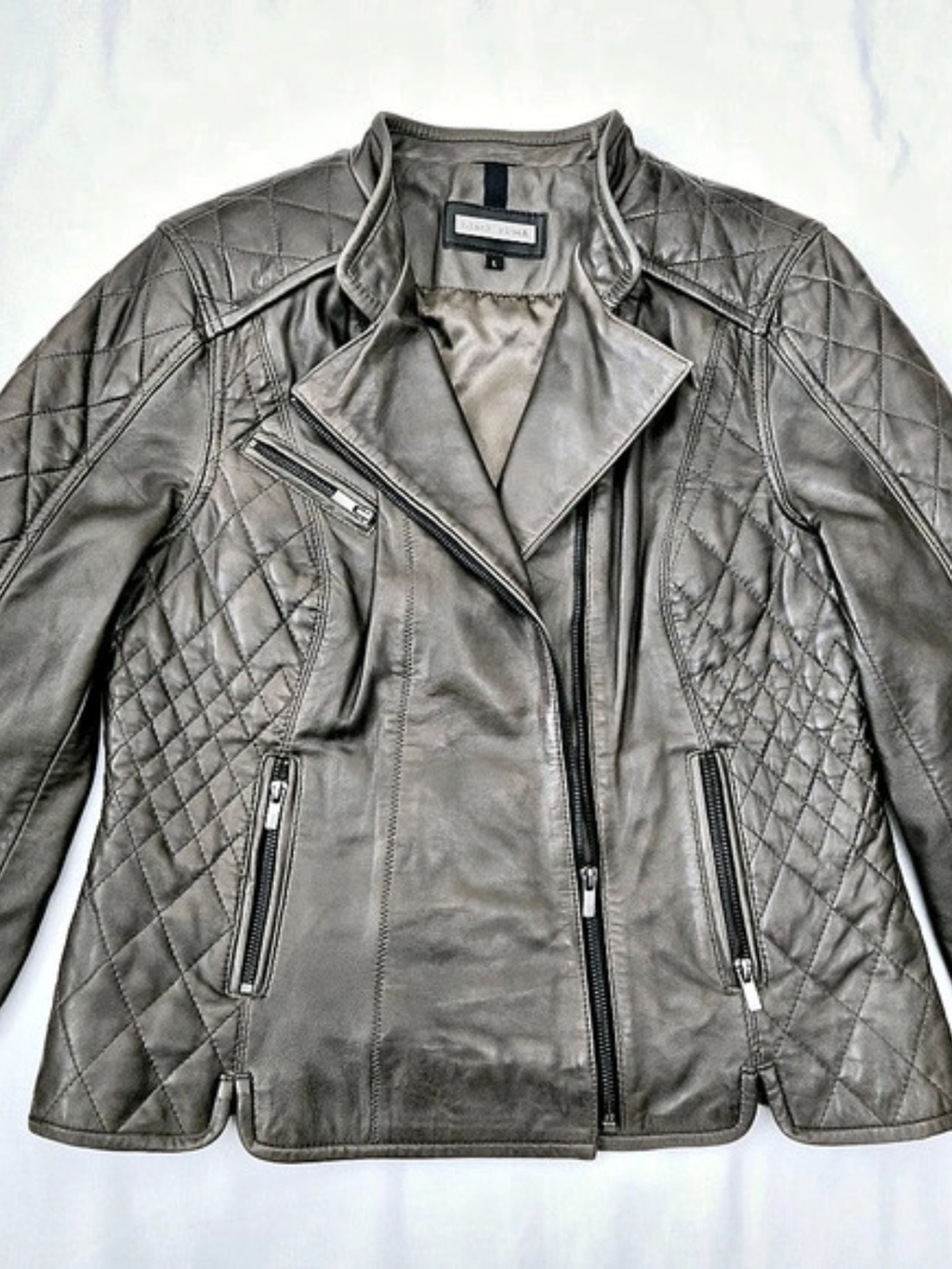 Black Rivet Quilted Leather Moto Jacket Gray Asymmetrical Size Large NWT